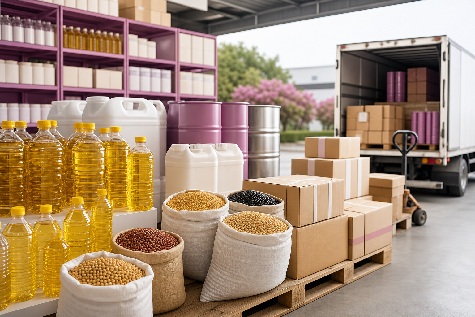 Edible oil bottles, commodity sacks, cartons, and dispatch vehicle